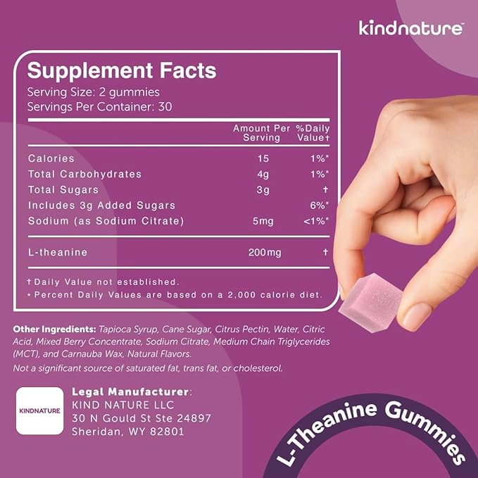 kindnature L-Theanine Gummies 200mg – Calm &amp Focus Supplement for Adults &amp Kids Ages 4+ – Stress Support Mental Clarity &amp Non-Drowsy Relaxation – Vegan Mixed Berry Non-GMO