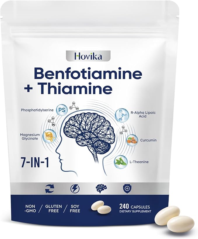 Vitamin B1 Benfotiamine 300mg with R-ALA 600mg &amp Thiamine - Advanced Nerve Support Supplement with Phosphatidylserine L-Theanine Turmeric &amp Magnesium - Non-GMO Gluten Free 240 Capsule