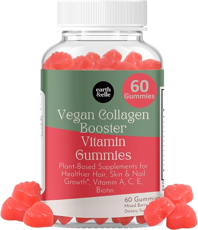 earth &amp elle Vegan Collagen Booster Gummies for Women with Biotin and Vitamins - Boosts Hair Nails and Skin Health Anti-Aging - Delicious Sugar Free Berry Flavor - Easy to Chew - 60 Count