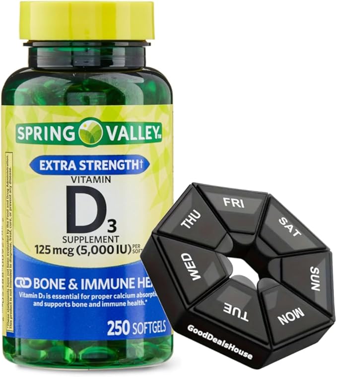 Bundle: Spring - Valley Vitamin D3 Supplement 125 mcg (5000 IU) 250 Softgels + Weekly Pillbox