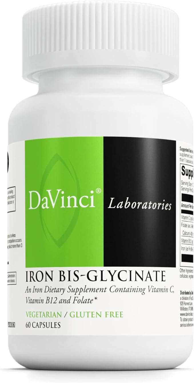 DAVINCI Labs Iron Bis-Glycinate - Gentle Iron Supplement for Women &amp Men - Help Support Hemoglobin Production &amp Normal Energy Levels with Vitamin C &amp More - Vegan - 60 Vegetarian Capsules