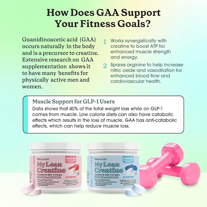 Fit &amp Lean Creatine for Women My Lean Creatine Chewable Tablets Creatine Monohydrate with GAA Muscle Performance Cognitive Function No Bloating Reduced Water Retention Watermelon 30 Servin