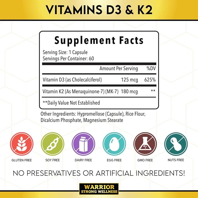 Vitamin D3 and K2 Supplement - 5000IU Vitamin D3 and 180MCG Vitamin K2 Supplement - Immune Heart Health - 2 Month-Supply 60 Veggie Capsules