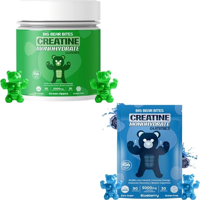 Creatine Monohydrate Gummies Pouch &amp Bottle Bundle for Men &amp Women | 5000mg of Creatine Gummie Per Serving | Zero Sugar Gluten Free &amp Halal | Pack of 90 | Blueberry &amp Green Apple Flav