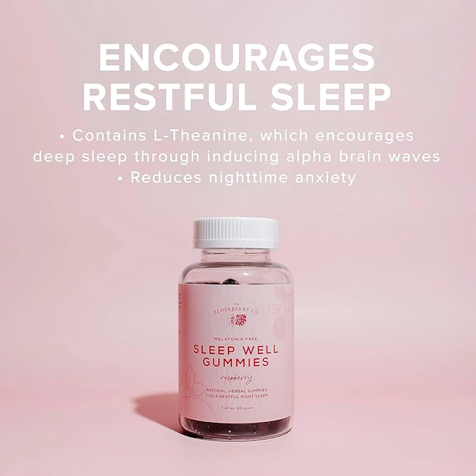 The Elderberry Co. Sleep Well Melatonin-Free Gummies for Deep Restorative Sleep L-Theanine Passionflower Lemon Balm