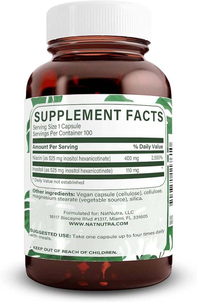 Natural Nutra No Flush Niacin Vitamin B3 Supplement Helps Improve Cardiovascular Health Helps Improve Skin Texture Promotes Better Brain Function Helps Boost Energy Level 525 mg 100 Capsules