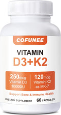 Vitamin D3 K2 Supplement - 10000 IU D3 &amp 120 mcg K2 MK-7 - Bone Heart &amp Immune Support - with B6 B12 Magnesium &amp Zinc for Enhanced Benefits - High Absorption Formula - 60 Vegan Capsules
