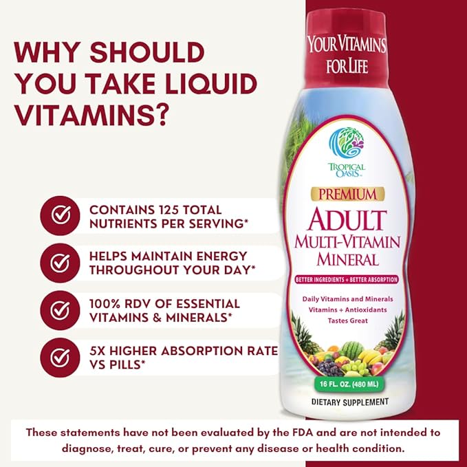 Tropical Oasis Adult Liquid Multivitamin -Liquid Multi-Vitamin and Mineral Supplement with 125 Total Nutrients Including 85 Vitamins &amp Minerals 23 Amino Acids and 18 Herbs - 16 fl oz 32 serv