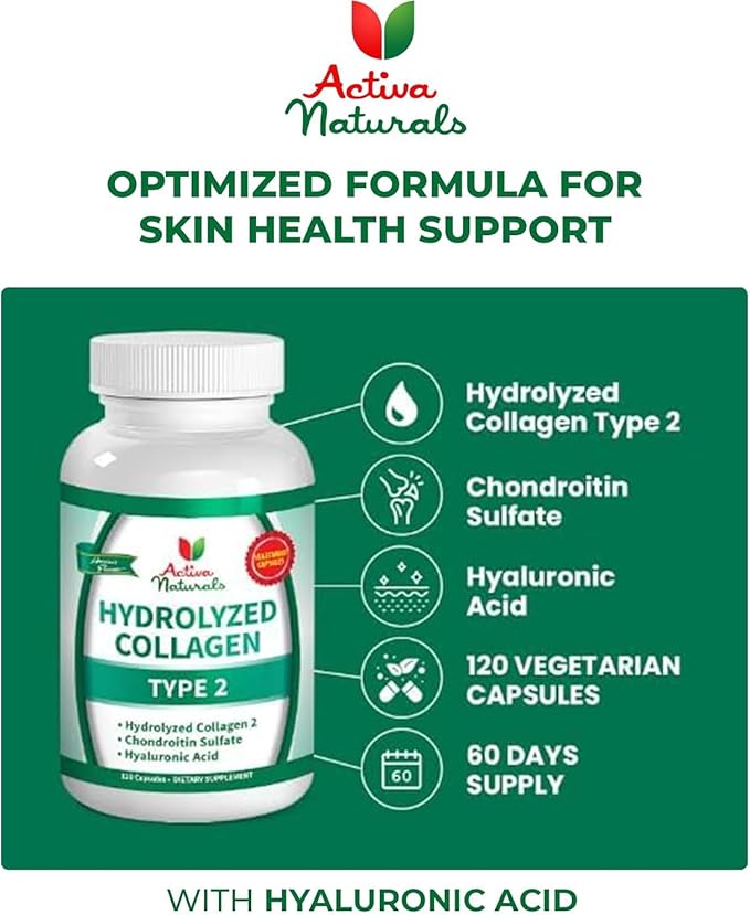 Collagen Type 2 Hydrolyzed Supplement with Chondroitin and Hyaluronic for Healthy Hair Skin and Nails No Fillers Additives and No Artificial Colors - 120 Vegetarian Capsules