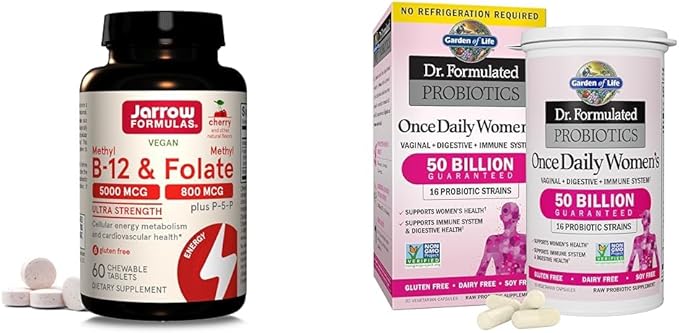 Jarrow Methyl B-12 5000mcg &amp Methyl Folate 800mcg Chewables + Garden of Life 50 Billion CFU Probiotics for Women Capsules Bundle