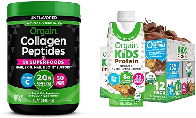 Bundle of Orgain Hydrolyzed Collagen Powder + 50 Organic Superfoods 20g Grass Fed Collagen 1lb + Orgain Organic Kids Nutritional Protein Shake Chocolate 8g Dairy Protein 8.25 Fl Oz (Pack of 12)