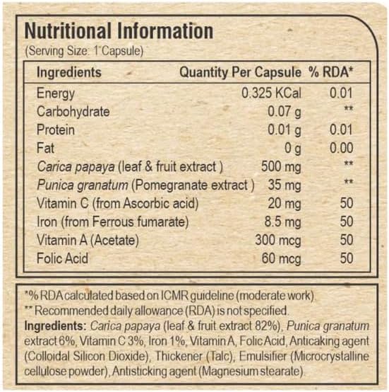 Generic Papaya Leaf &amp Fruit Extract Supplement with Iron Promegranate Extract &amp vitamins Immunity &amp Digestive Health - 60 Veg Capsules