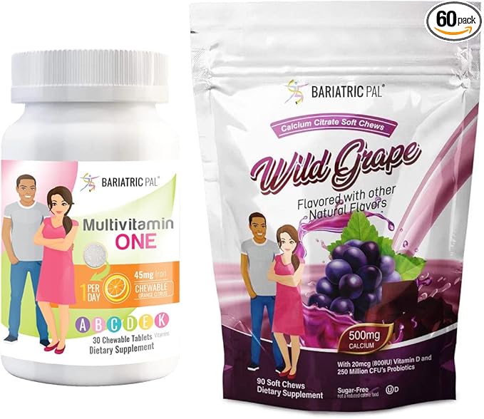 BariatricPal 30-Day Bariatric Vitamin Bundle (Multivitamin ONE 1 per Day! with 45mg Iron Chewable - Orange Citrus and Calcium Citrate Soft Chews 500mg with Probiotics - Wild Grape)