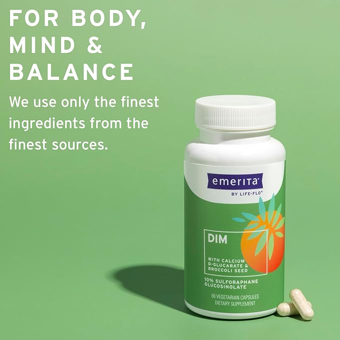 Emerita by Life-flo DIM Supplement Balancing Support for Women with 100mg DIM Plus Calcium D-Glucarate and Broccoli Seed Extract 60-Day Guarantee Not Tested on Animals 30 Servings 60 VegCaps