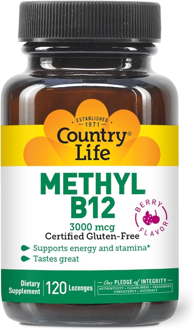 Country Life Methyl B12 3000 mcg Lozenges Supports Energy &amp Stamina Metabolism &amp Red Blood Cell Production Berry Flavor 120 Vegan Lozenges Certified Gluten Free &amp Halal
