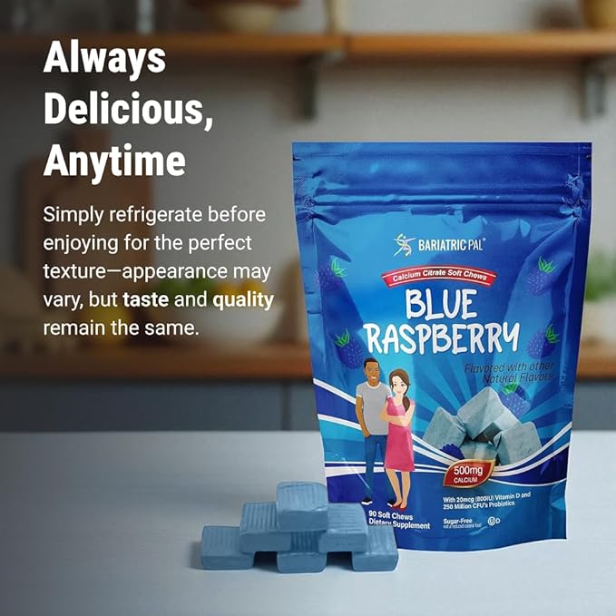 BariatricPal Sugar-Free Calcium Citrate Soft Chews | 500mg with Vitamin D &amp Probiotics | Blue Raspberry | 90 Count (1 Month Supply)