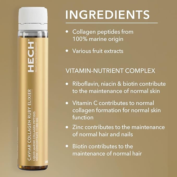 Caviar Collagen Ruby Elixier - Beauty Supplement with 11000 mg Marine and Caviar Collagen Peptides Polyphenols and Complex of 9 bioactive Vita-Mineral Nutrients