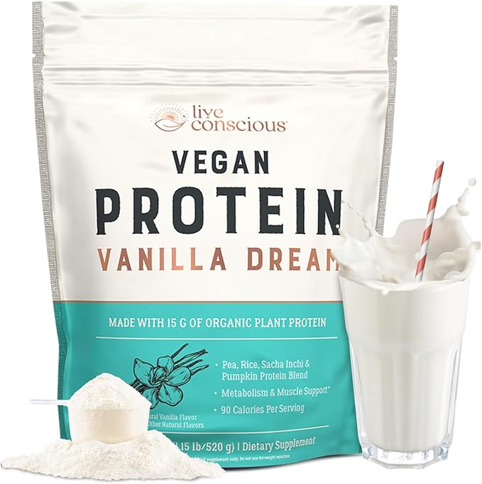 Live Conscious Vegan Pea Protein Powder - Vanilla Dream Flavor | Plant-Based Vegan Protein Blend - Pea Brown Rice Pumpkin Sacha Inchi | 20 Servings 18 oz