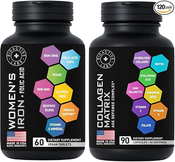 Beauty Collagen Complex and Vegan Iron Supplements for Women - Age Defense Bundle