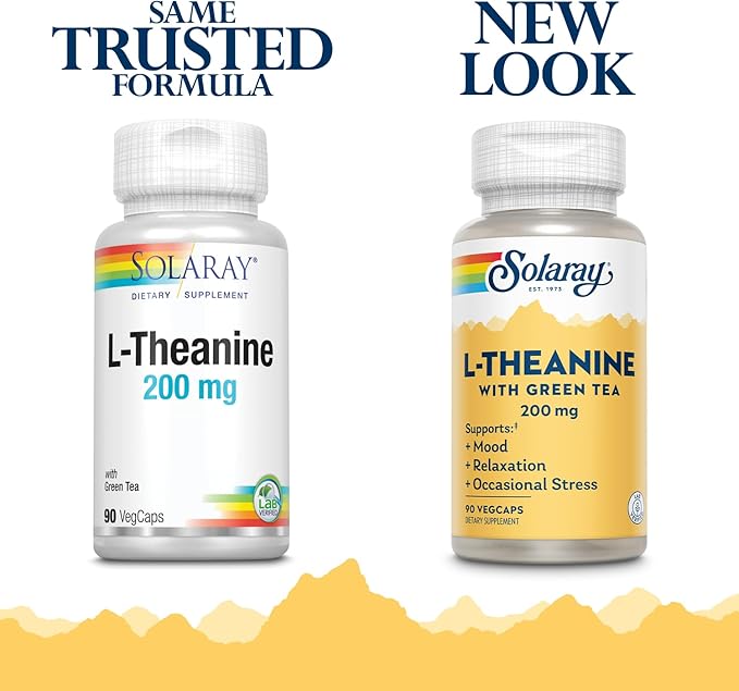 SOLARAY L-Theanine 200mg with Green Tea - Healthy Mood Relaxation and Occasional Stress Support - Lab Verified Vegan Gluten Free - 90 Servings 90 VegCaps