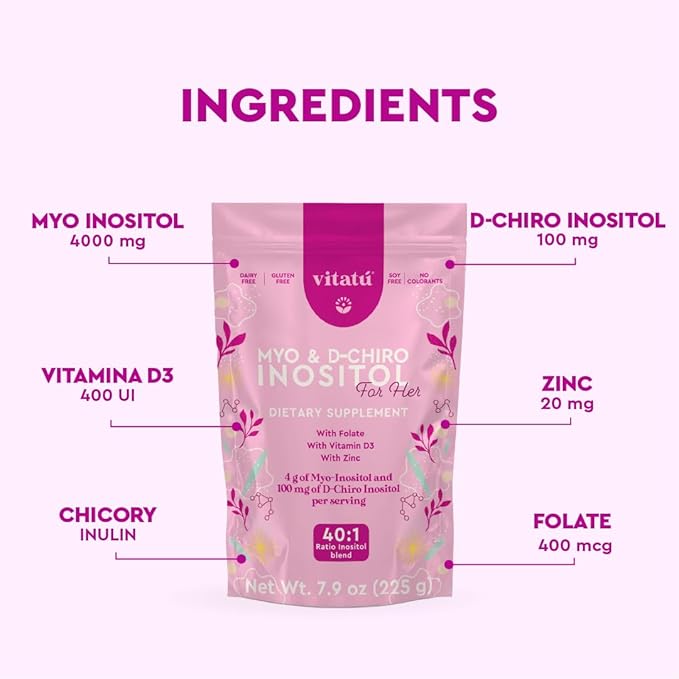| Myo Inositol (4g) &amp D-Chiro Inositol (1g) Ideal Mix 40:1 | Duration 45 Days | with Folic Acid + Vitamin D3 + Zinc Powdered Dietary Supplement for Women (225 g)