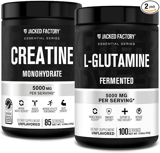Jacked Factory Creatine Monohydrate Powder 425g 85 SV &amp L-Glutamine Supplement 500g 100 SV - No Artficial Fillers Unflavored