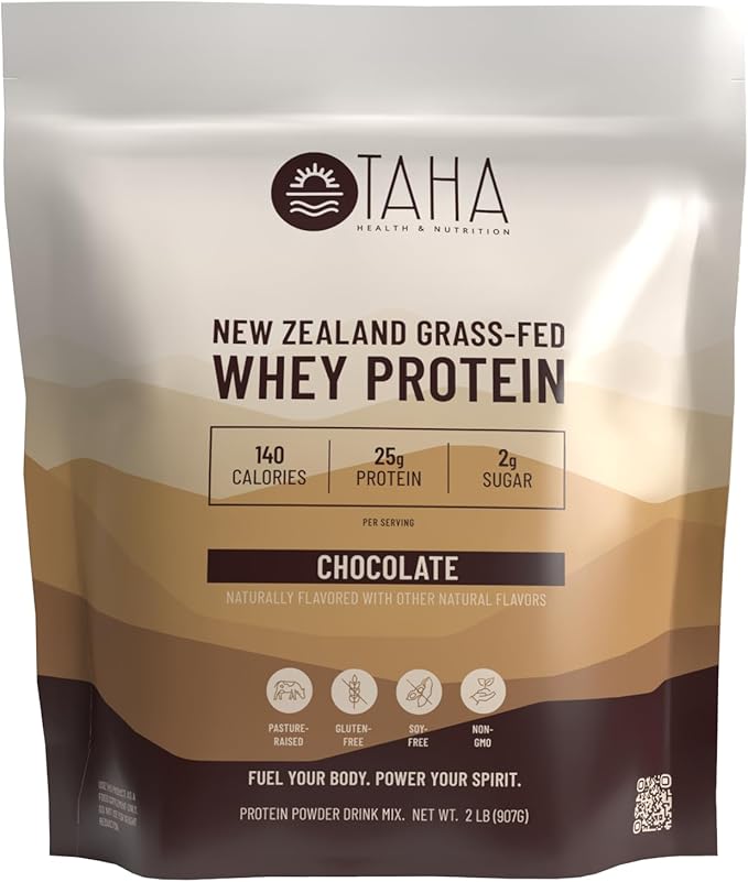 Taha Health &amp Nutrition Chocolate Flavored Whey Protein Concentrate Powder 25g Protein 140 Calories 2g Sugar | New Zealand Grass-Fed Free-Range Dairy | Gluten and Soy Free Keto Kosher | 2LB