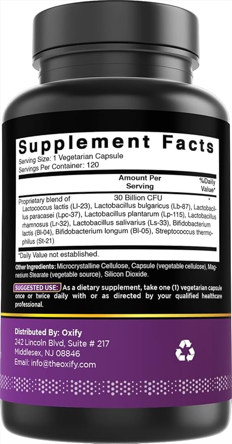Oxify Probiotic 30 Billion CFU's | 120 Vegetarian Capsules | Gluten-Free Non-GMO | Supplement Made in USA