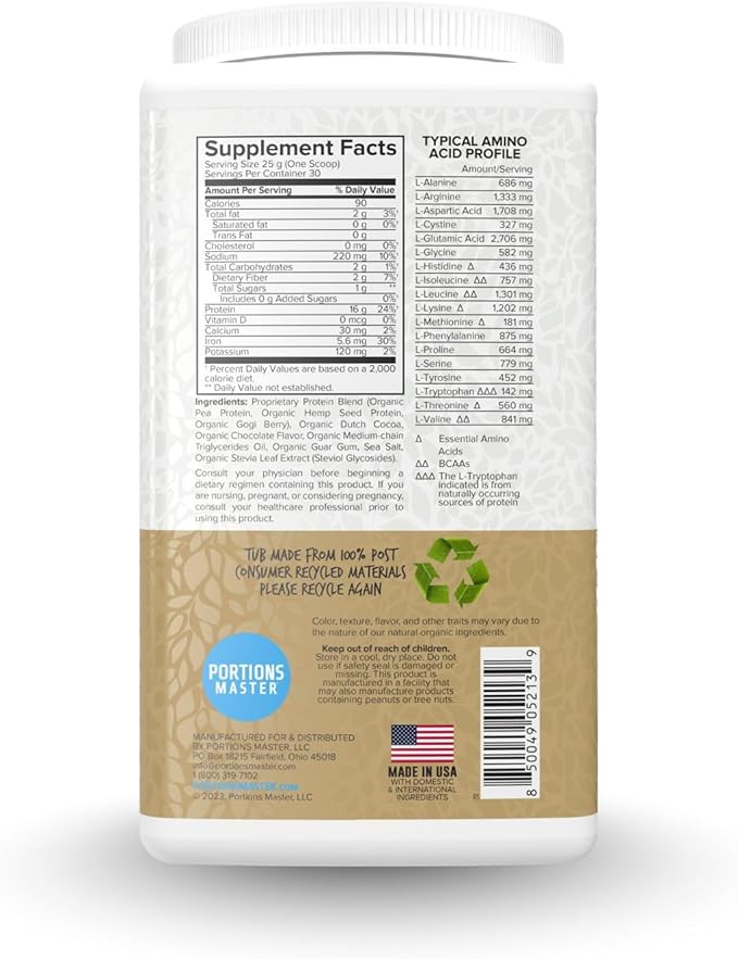 Portions Master Vegan Protein Blend Complete Plant Based Protein Powder with Pea Hemp Seed Goji Blend Medium Chain Triglycerides (750g Chocolate)