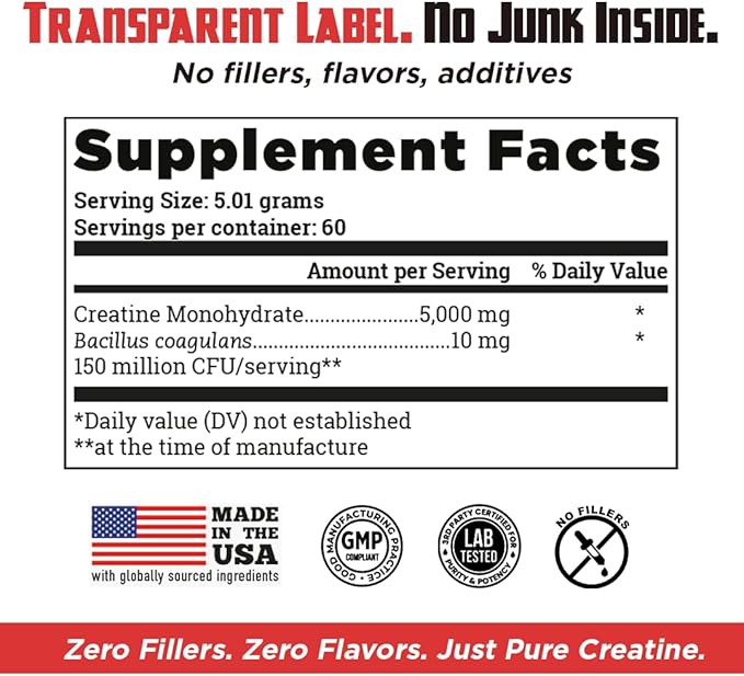 Old School Labs Micronized Creatine Monohydrate with No Bloat BioFit™ Probiotic - Men &amp Women Post-Recovery Powder for Strength &amp Performance - 60 Servings Unflavored