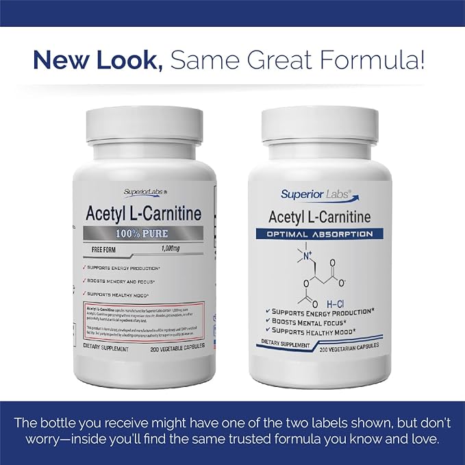 Superior Labs Acetyl L-Carnitine 500 mg High Potency ALCAR Pure Non-GMO Zero Synthetic Additives Maximum Absorption Energy &amp Fat Metabolism Brain Nerve &amp Cellular Detox Support (200 Ve