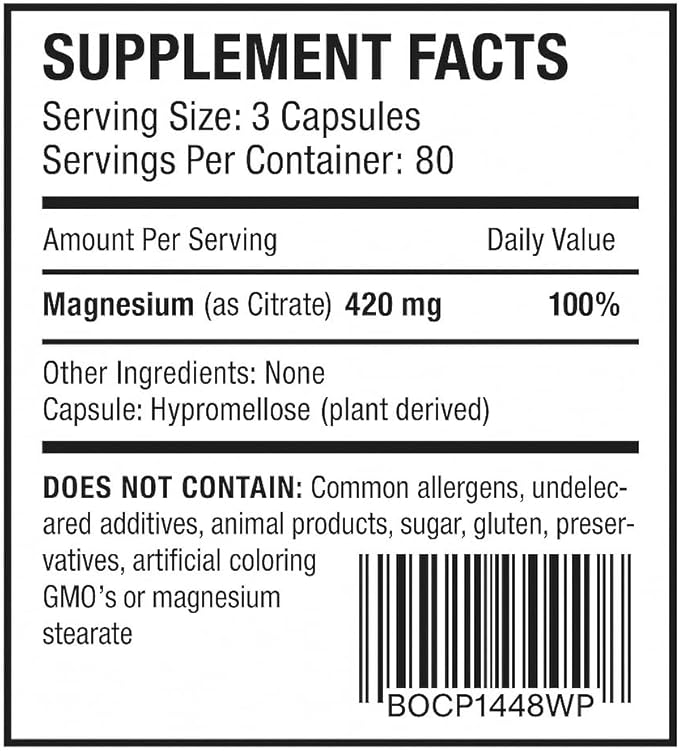 Vita4Life!® - Premium Magnesium Citrate High Absorption Capsules (240 Count)