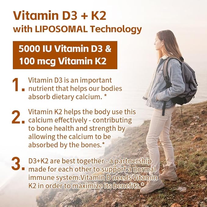 Vitamin D3 + K2 5000 IU - Liposomal Technology for Enhanced Absorption - MK-7 Vitamin K2 100mcg - Supports Bone &amp Calcium Metabolism - D3K2 Supplement for Men &amp Women - 180 Softgels