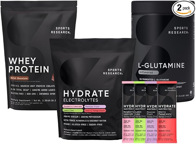 Sports Research Multi Flavor Hydrate Electrolytes Packets Dutch Chocolate Flavored Whey Protein Isolate Powder and Unflavored L-Glutamine