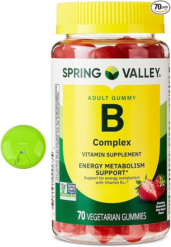 SUREFECT Spring Valley B Complex Vitamin Gummies - Energy Metabolism Support Strawberry Flavor 70 Count Organizer.