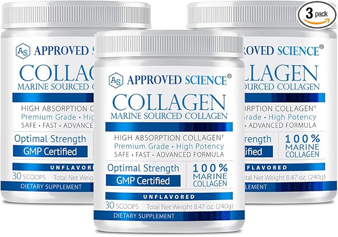 Approved Science Collagen Powder - Unflavored Hydrolyzed Collagen Peptides for Women &amp Men - Marine Sourced - Hair Skin Nails &amp Joints - 90 Scoops - 3 Month Supply
