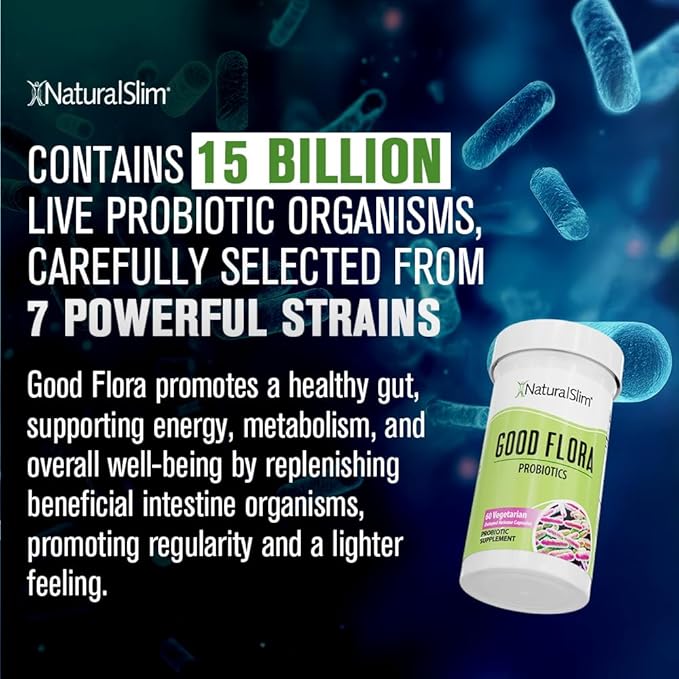 NaturalSlim Good Flora Probiotics for Women &amp Men - Gut Health Supplements with 7 Powerful Strains for De-Bloating &amp Vitality - Probiotics for Digestive Health 60 Vegetarian Capsules 3 Pack