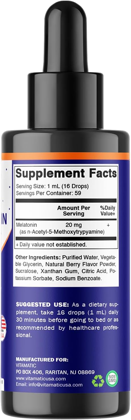 Vitamatic 2-Pack Melatonin 20mg Liquid Drops - 2 fl oz (59 ml) Each - Natural Berry Flavor - Non-GMO Vegetarian Supplement for Adults
