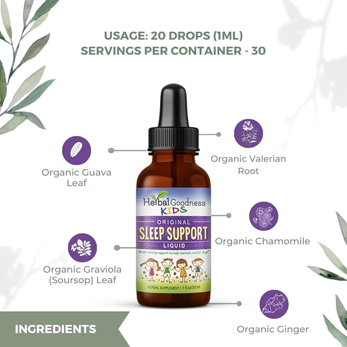 Kids Sleep Support Liquid Extract - Natural Kids Plant Based Herbal Sleep Aid with Chamomile Guava Leaf - 1oz Liquid Extract - Herbal Goodness (1 Unit)