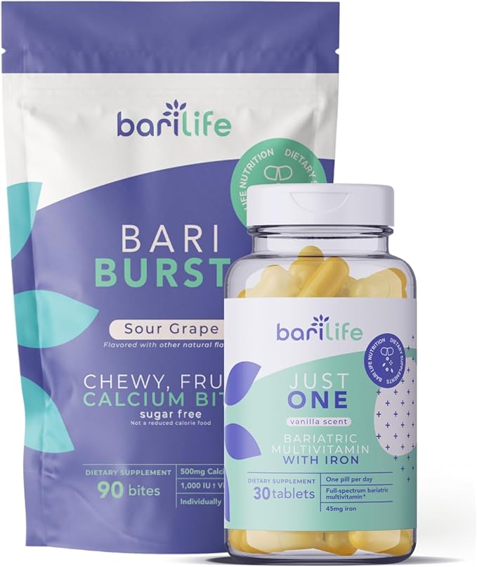 Bari Life Just One Once Daily Bariatric Multivitamin with Iron (30 Tablets) and BariBurst Calcium Citrate Soft Chews for Gastric Bypass Gastric Sleeve and Duodenal Switch (Sour Grape)