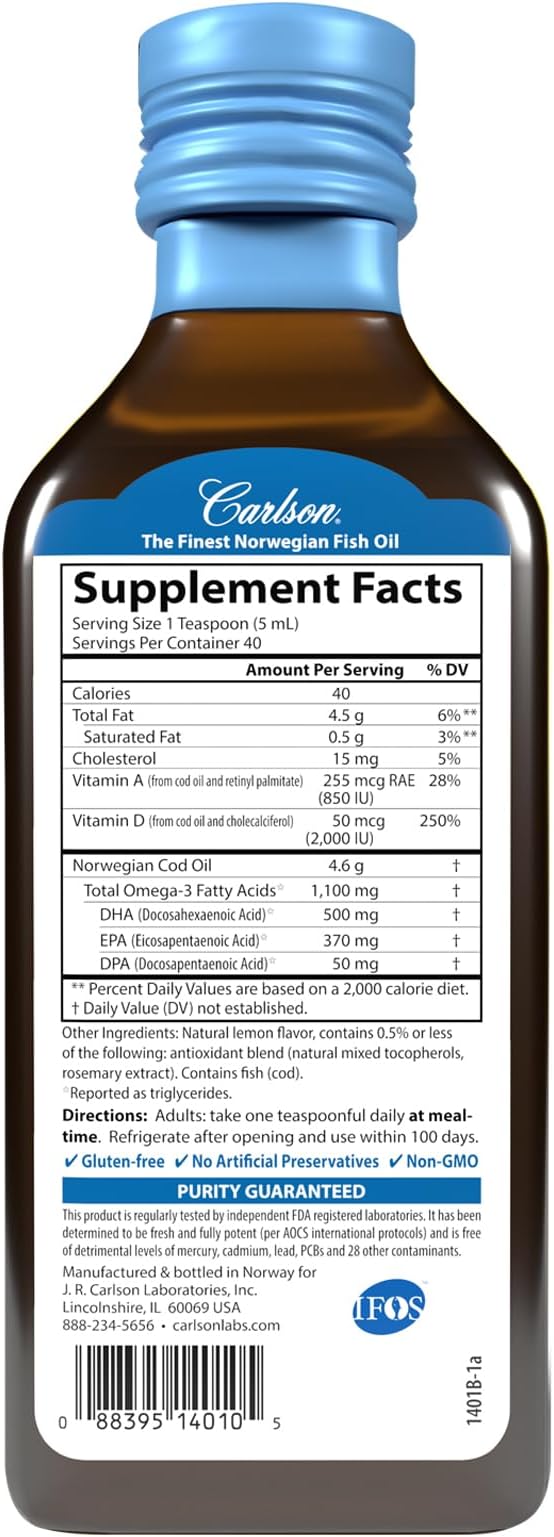 Carlson - Super D Omega-3 Wild Caught Norwegian Arctic Cod Oil 2000 IU (50 mcg) Vitamin D3 1100 mg Omega-3s Sustainably Sourced Nordic Fish Oil Liquid Lemon 200 mL (6.7 Fl Oz)