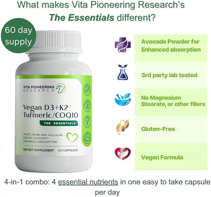 5-in-1 Vitamin D3 2000IU + K2Vital Vitamin K2 with Turmeric and COQ10 - with Avocado Powder for Enhanced Absorption - Heart Bone Cellular Health Support