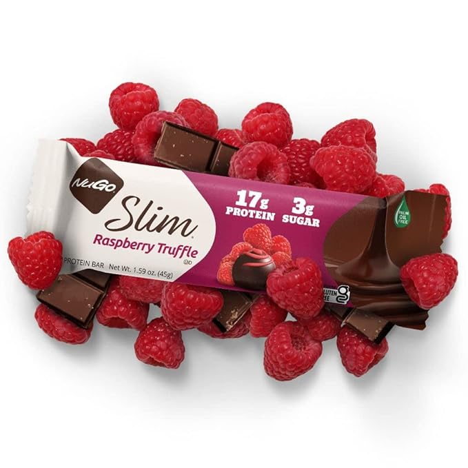 NuGo Slim Dark Chocolate Raspberry Truffle 17g Protein 2g Sugar 7g Fiber Low Net Carb Keto Friendly Gluten Free 12 Count