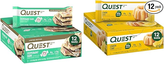 Quest Nutrition Peppermint Bark Protein Bar 21g Protein 4g Net Carb 1g Sugar Gluten Free 12 Count &amp Lemon Cake Protein Bars High Protein Low Carb Gluten Free Keto Friendly