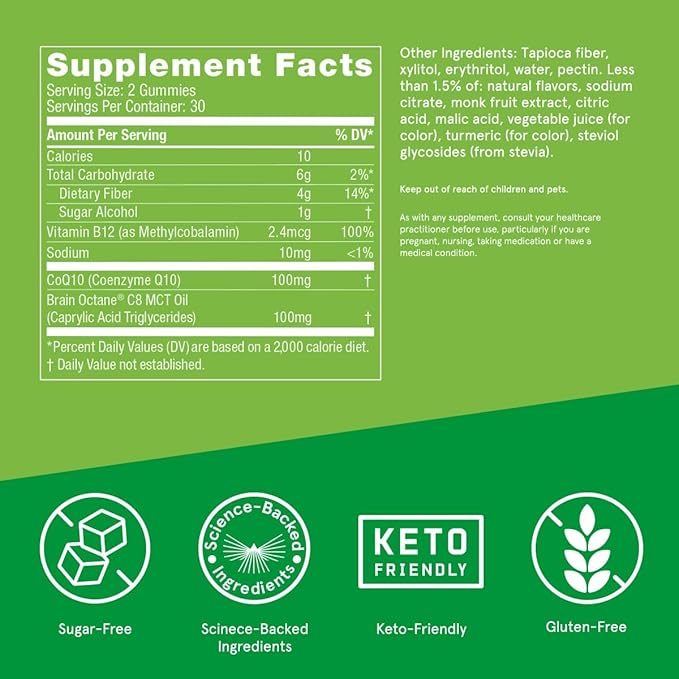 Bulletproof Sugar-Free Tropical Energy Gummies 60 Count Supplement for Daily &amp Sustained Energy with 100mg CoQ10 Daily Value of B12 100mg Brain Octane Oil