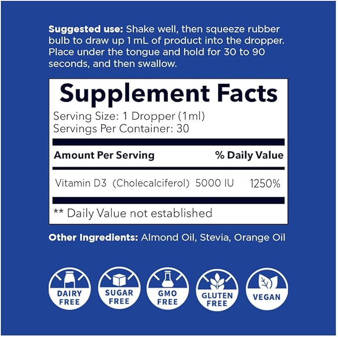 NANO VITAMIN D3 Nanosized liquid drops RAPID ABSORPTION 5000 IU potent formulation Strengthens bone &amp muscle supports healthy heart. 30 ml bottle 1 month supply.