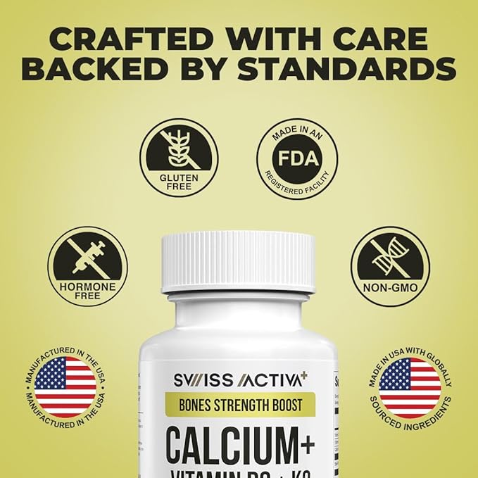 Swiss Activa+ Labs Calcium with Vitamin D3 &amp K2 – Vegan Non-GMO Bone &amp Teeth Support Supplement – Immune &amp Muscle Function – Heart Health D3 K2 Vitamins for Men &amp Women Gluten–60 Day