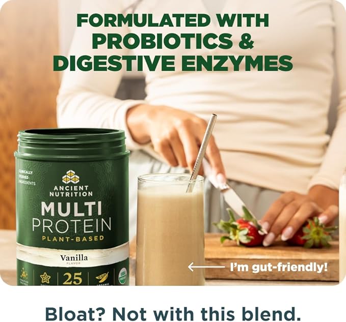 Ancient Nutrition Organic Multi Protein Plant Based Powder 25g Protein Hydrolyzed Pea Protein Digestive Enzymes &amp Probiotics Supports Muscle &amp Gut Health Vanilla 15 Servings