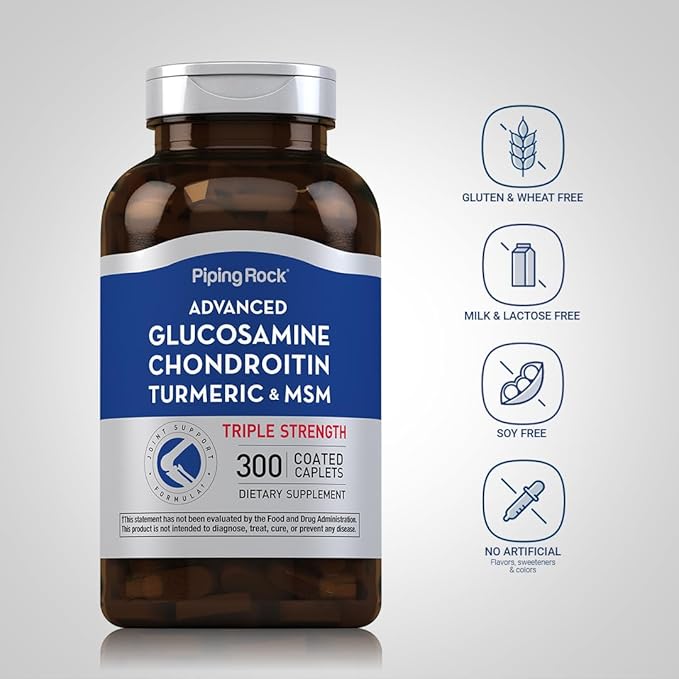 Piping Rock Glucosamine Chondroitin MSM Turmeric | 300 Caplets | Advanced Triple Strength Supplement | Non-GMO &amp Gluten Free