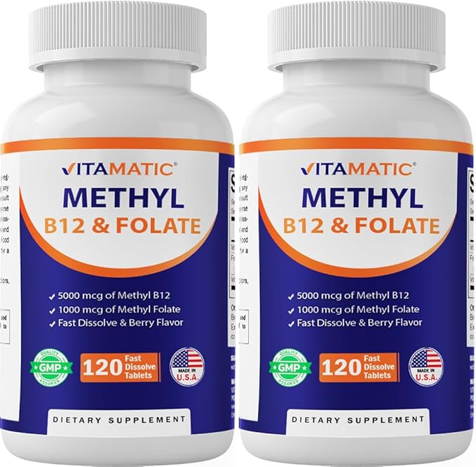 Vitamatic Methyl Folate &amp B12 Supplement with Pyridoxal 5 Phosphate (P-5-P) - Promotes Cardiovascular Health &amp Energy Metabolism - 120 Fast Dissolve Tablets - Non GMO &amp Gluten Free-2 Pack